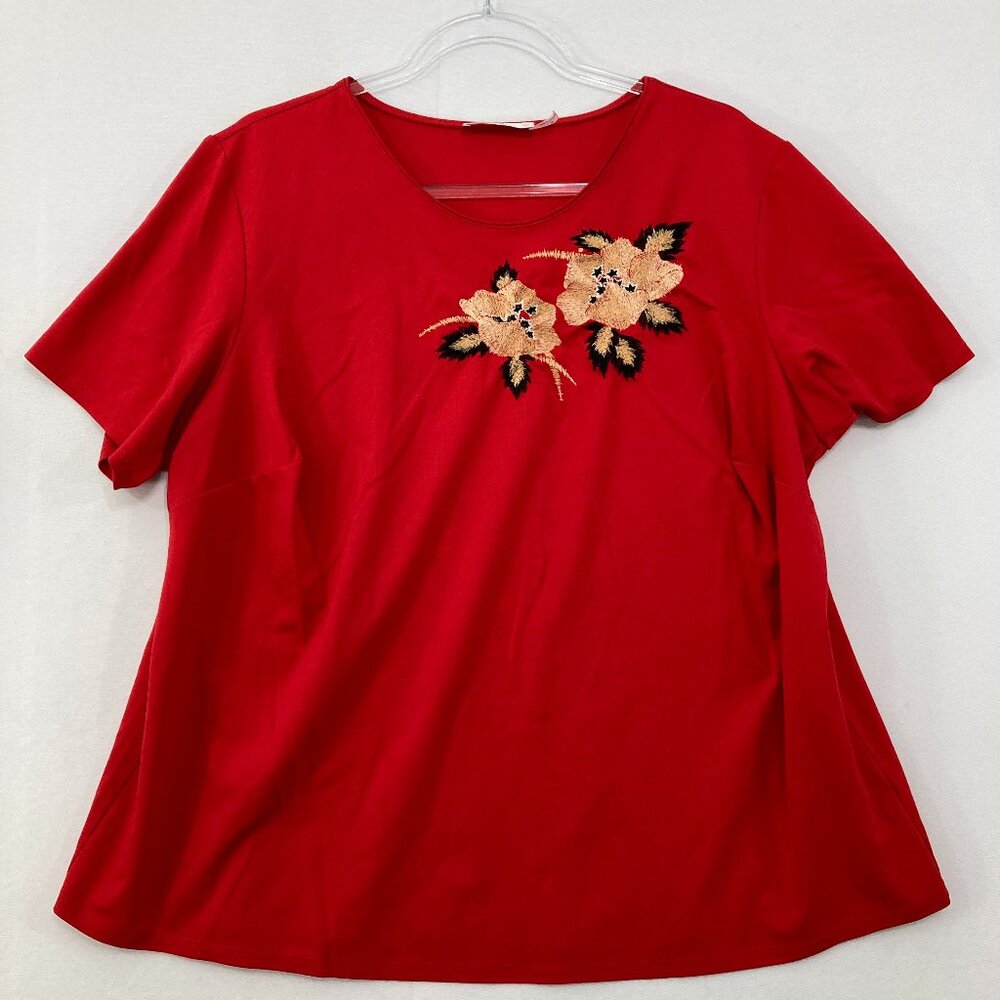 Natori size 1X Red‎ Floral Embroidered Stretch Short Sleeve Casual Top